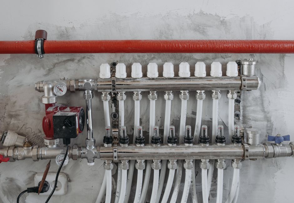 Ground source heat pump indoor unit in plant room with buffer tank